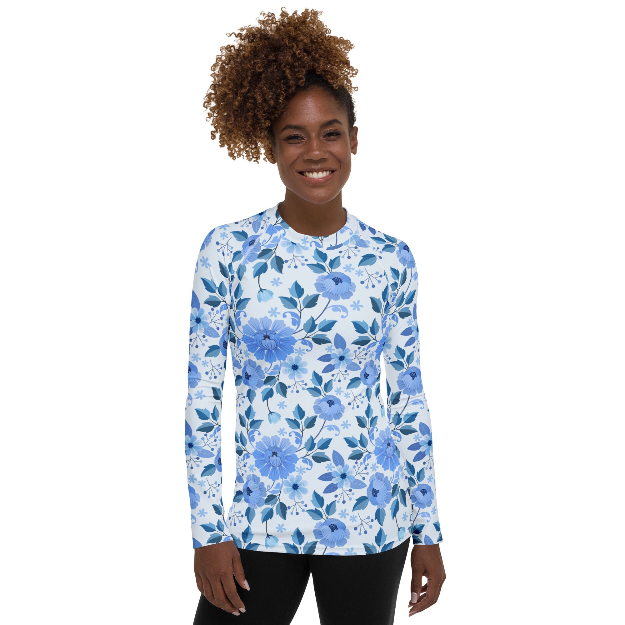 Women's Blue Floral Long Sleeve Rash Guard Swim Shirt – Buttery Soft, Sun Safe UPF 50+ Protection, Quick Dry & 4-Way Stretch Comfort