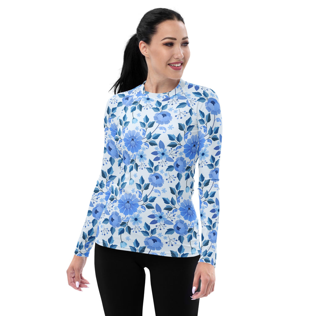 Women's Blue Floral Long Sleeve Rash Guard Swim Shirt – Buttery Soft, Sun Safe UPF 50+ Protection, Quick Dry & 4-Way Stretch Comfort