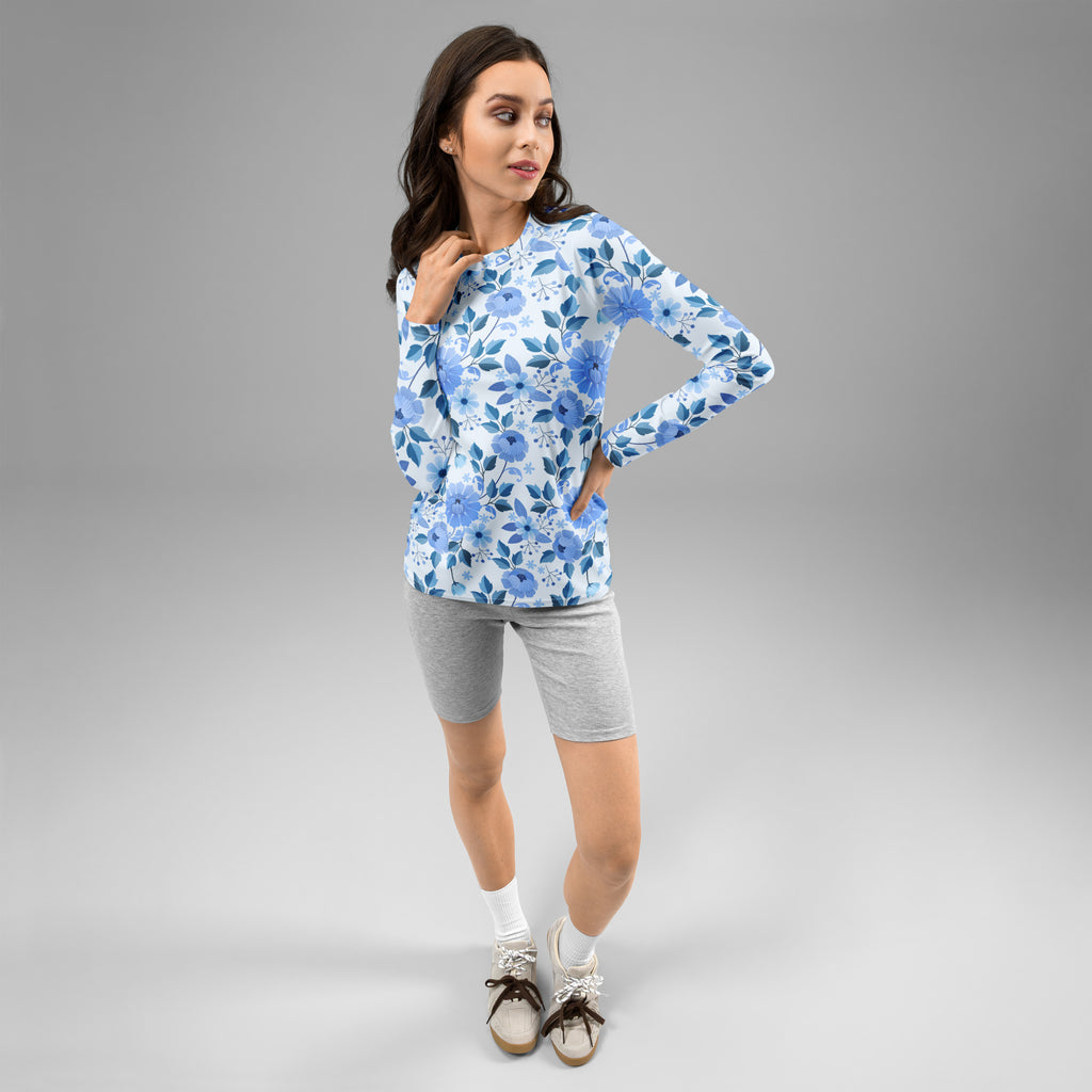 Women's Blue Floral Long Sleeve Rash Guard Swim Shirt – Buttery Soft, Sun Safe UPF 50+ Protection, Quick Dry & 4-Way Stretch Comfort