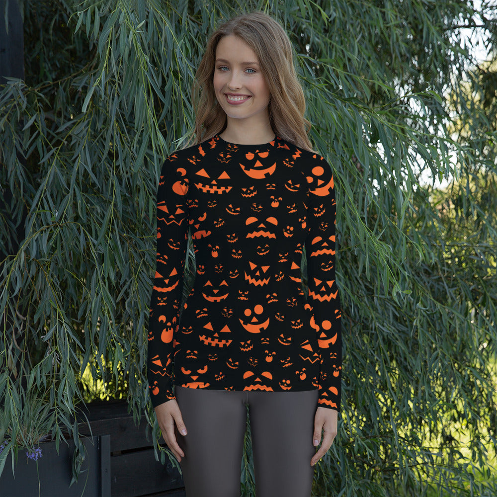 Women's Orange Jack O’ Lantern Long Sleeve Rash Guard Swim Shirt – Buttery Soft, Sun Safe UPF 50+ Protection, Quick Dry & 4-Way Stretch Comfort