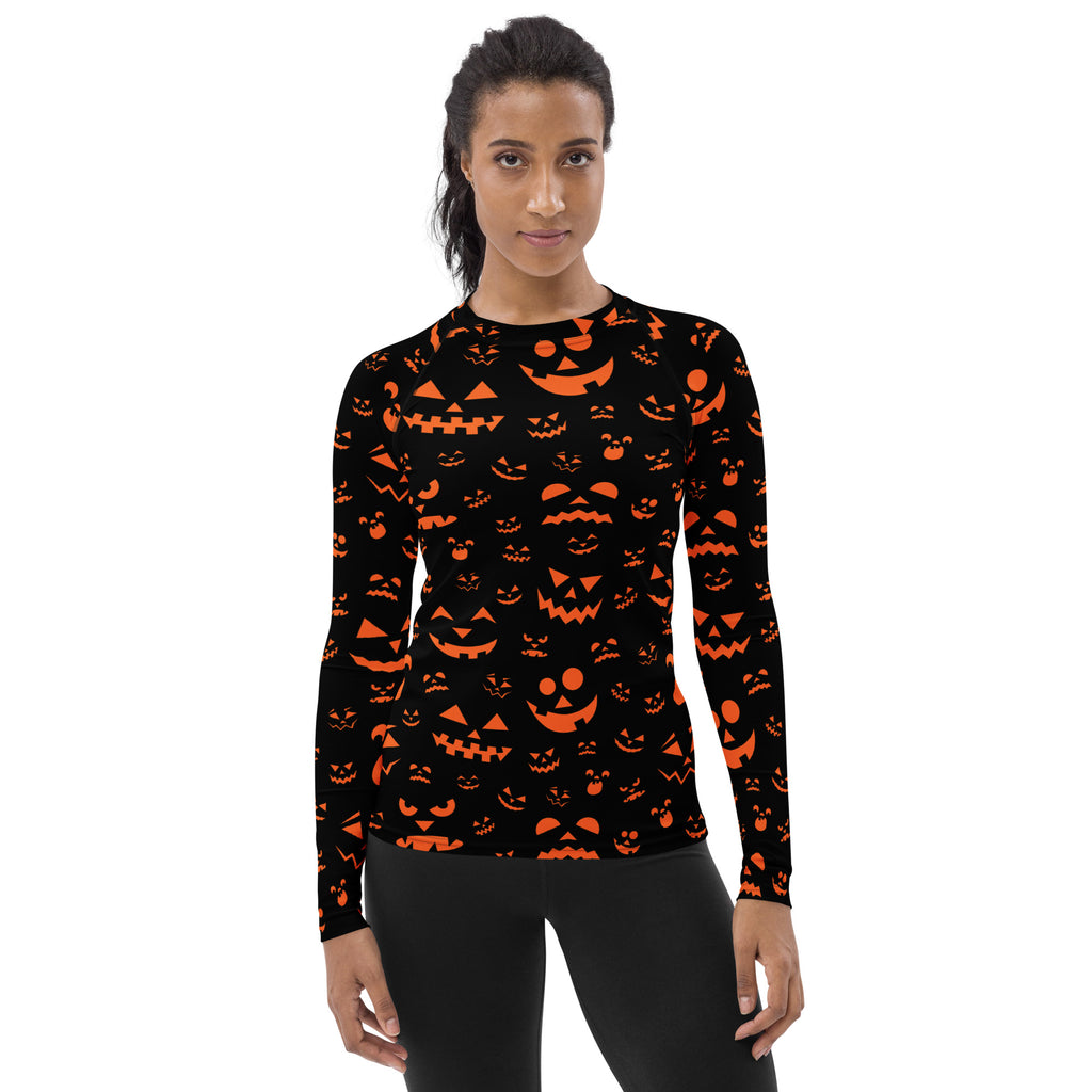 Women's Orange Jack O’ Lantern Long Sleeve Rash Guard Swim Shirt – Buttery Soft, Sun Safe UPF 50+ Protection, Quick Dry & 4-Way Stretch Comfort