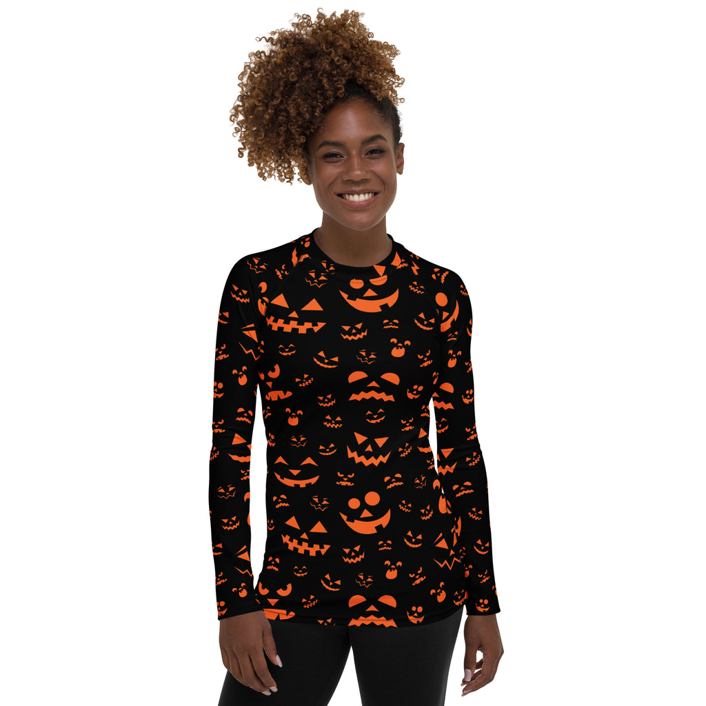 Women's Orange Jack O’ Lantern Long Sleeve Rash Guard Swim Shirt – Buttery Soft, Sun Safe UPF 50+ Protection, Quick Dry & 4-Way Stretch Comfort