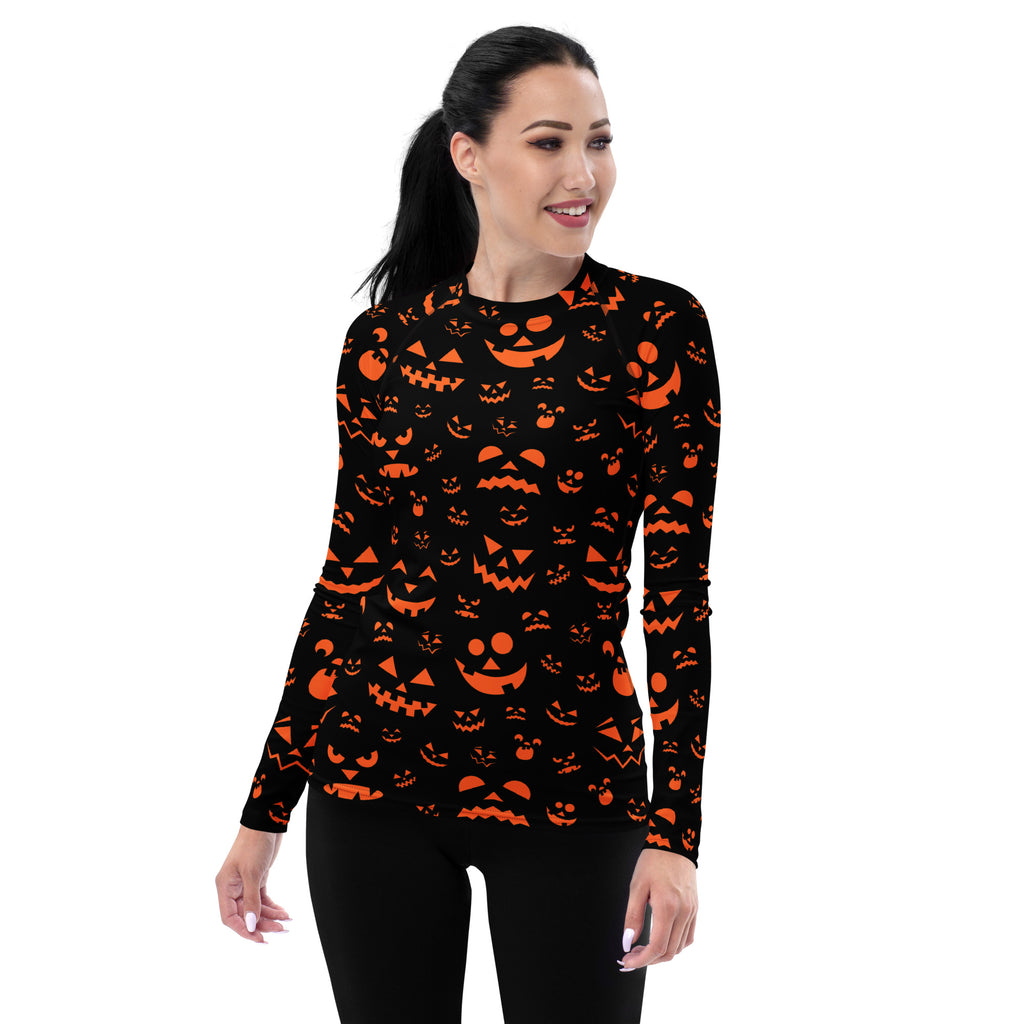 Women's Orange Jack O’ Lantern Long Sleeve Rash Guard Swim Shirt – Buttery Soft, Sun Safe UPF 50+ Protection, Quick Dry & 4-Way Stretch Comfort