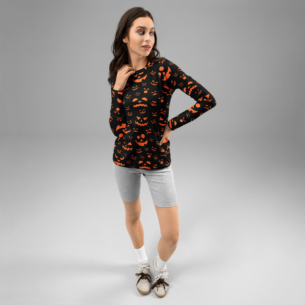 Women's Orange Jack O’ Lantern Long Sleeve Rash Guard Swim Shirt – Buttery Soft, Sun Safe UPF 50+ Protection, Quick Dry & 4-Way Stretch Comfort