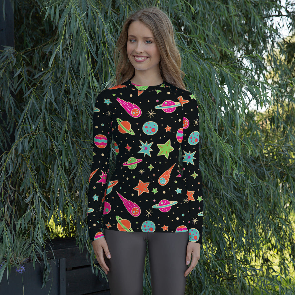 Women's Retro Neon Space Long Sleeve Rash Guard Swim Shirt – Buttery Soft, Sun Safe UPF 50+ Protection, Quick Dry & 4-Way Stretch Comfort