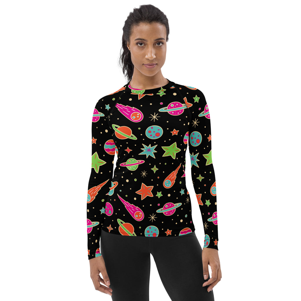 Women's Retro Neon Space Long Sleeve Rash Guard Swim Shirt – Buttery Soft, Sun Safe UPF 50+ Protection, Quick Dry & 4-Way Stretch Comfort