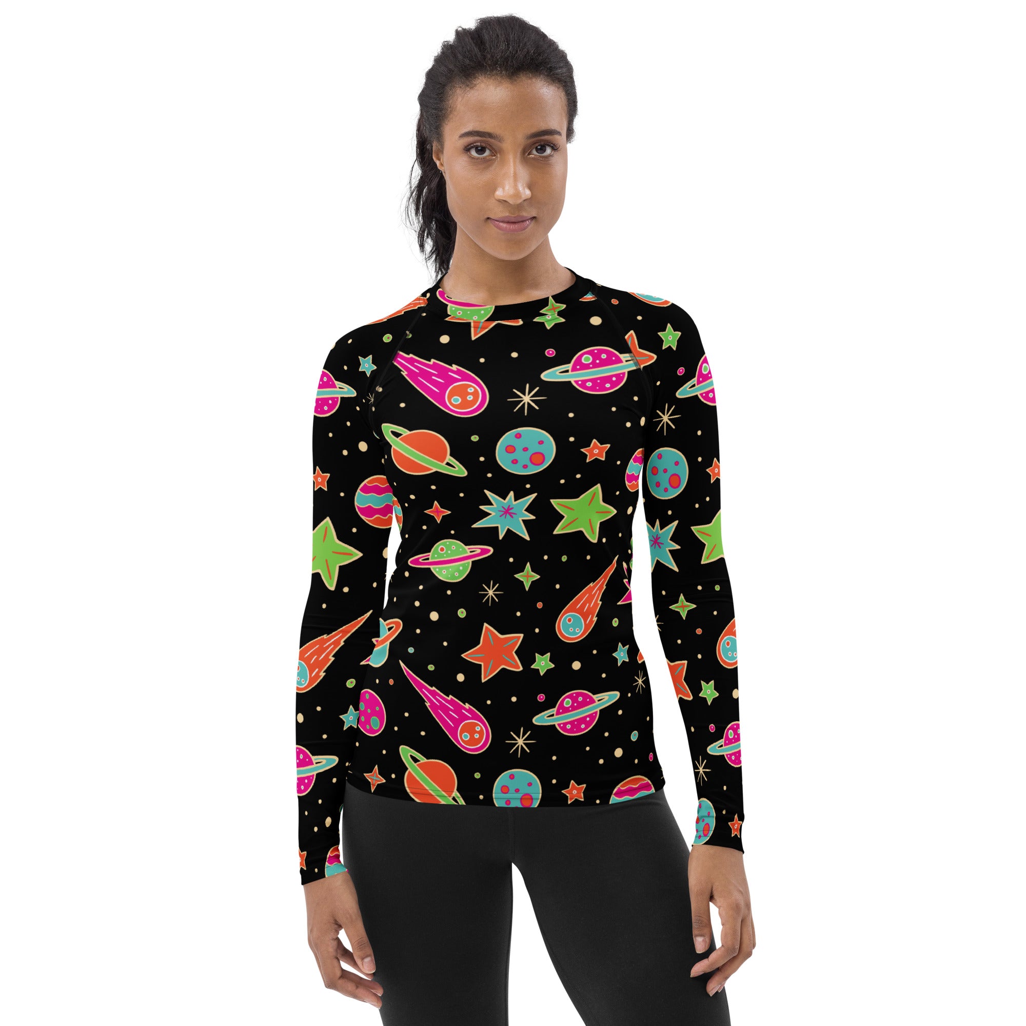 Women's Retro Neon Space Long Sleeve Rash Guard Swim Shirt – Buttery Soft, Sun Safe UPF 50+ Protection, Quick Dry & 4-Way Stretch Comfort