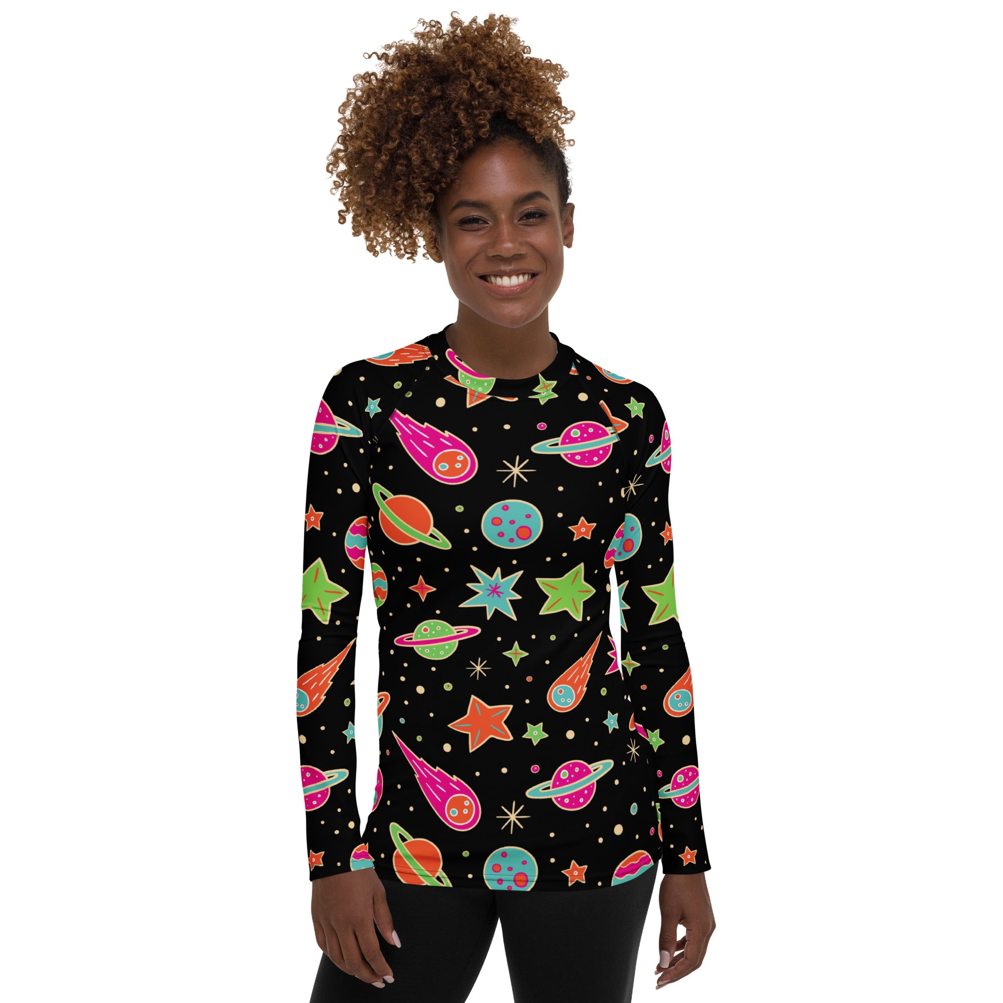 Women's Retro Neon Space Long Sleeve Rash Guard Swim Shirt – Buttery Soft, Sun Safe UPF 50+ Protection, Quick Dry & 4-Way Stretch Comfort