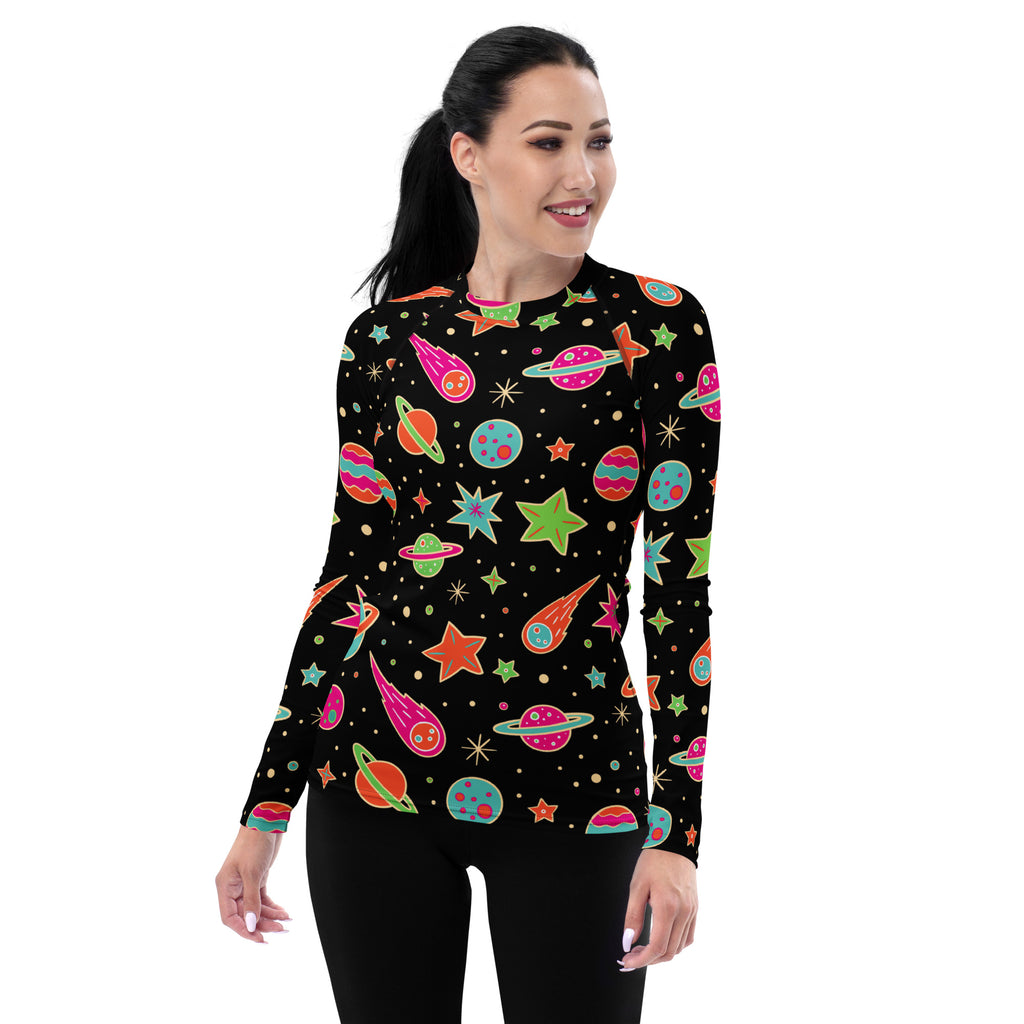 Women's Retro Neon Space Long Sleeve Rash Guard Swim Shirt – Buttery Soft, Sun Safe UPF 50+ Protection, Quick Dry & 4-Way Stretch Comfort