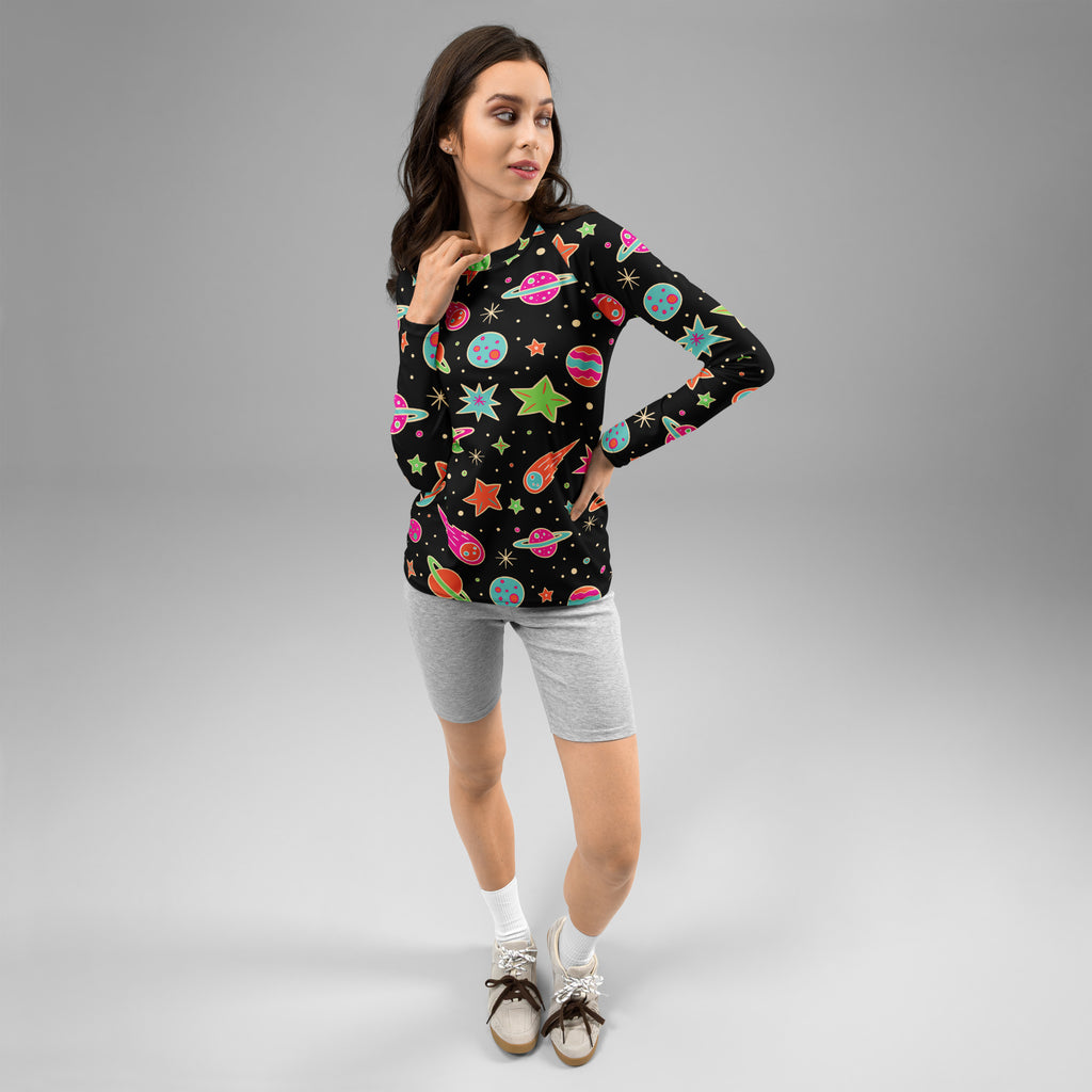 Women's Retro Neon Space Long Sleeve Rash Guard Swim Shirt – Buttery Soft, Sun Safe UPF 50+ Protection, Quick Dry & 4-Way Stretch Comfort