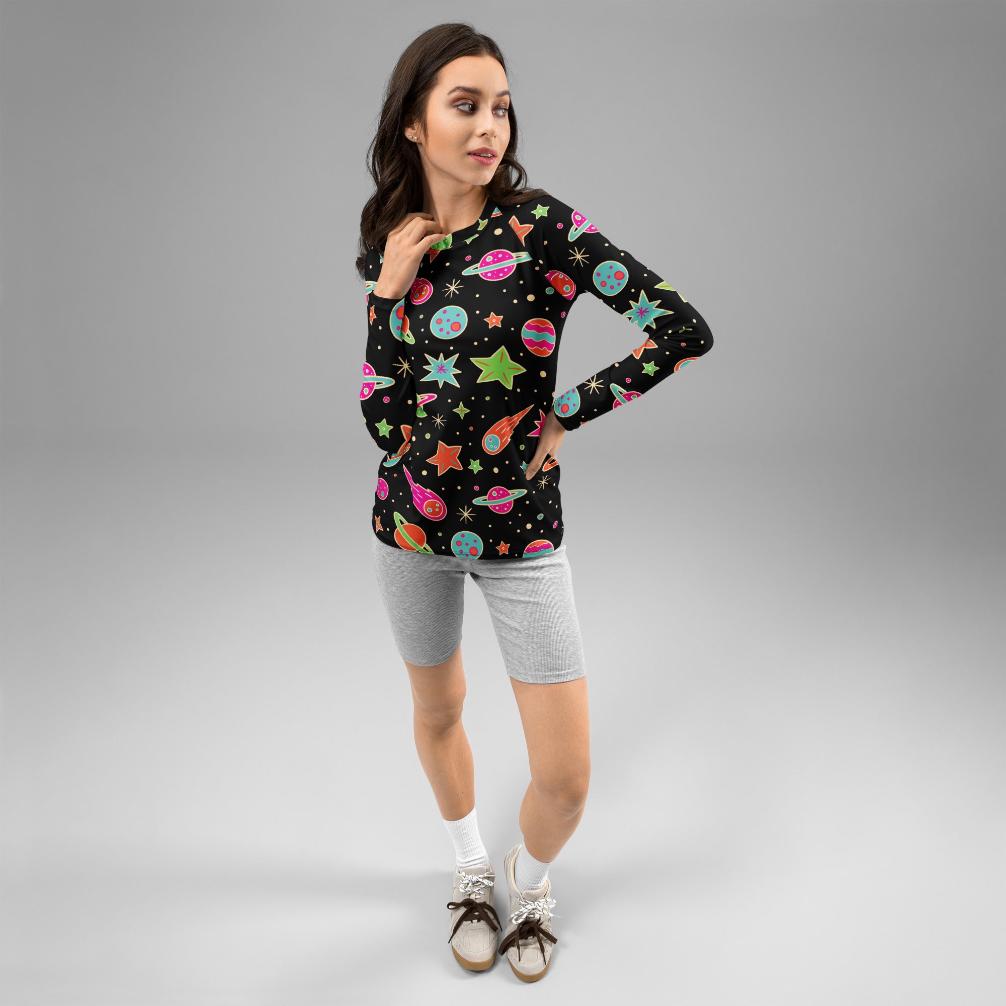 Women's Retro Neon Space Long Sleeve Rash Guard Swim Shirt – Buttery Soft, Sun Safe UPF 50+ Protection, Quick Dry & 4-Way Stretch Comfort