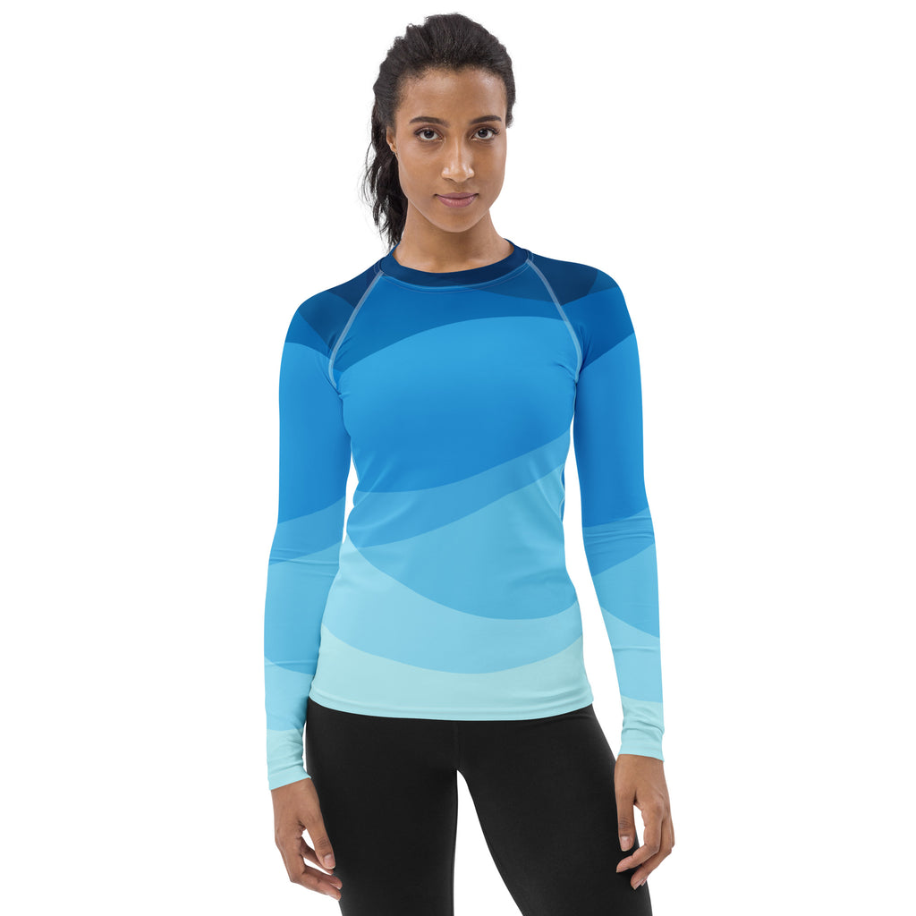 Women's Blue Ocean Waves Long Sleeve Rash Guard Swim Shirt – Buttery Soft, Sun Safe UPF 50+ Protection, Quick Dry & 4-Way Stretch Comfort