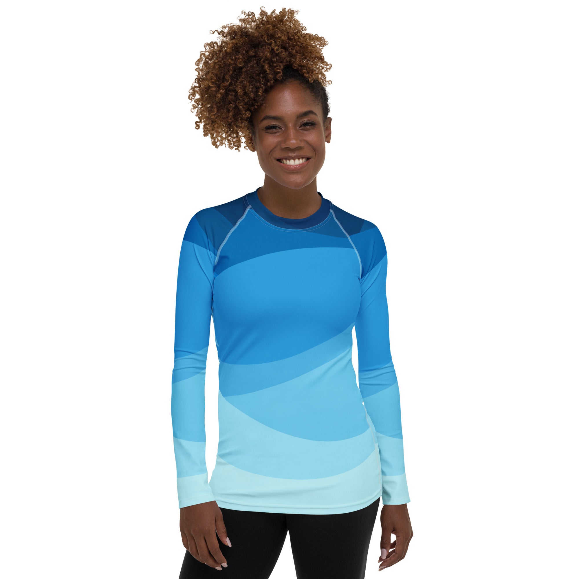 Women's Blue Ocean Waves Long Sleeve Rash Guard Swim Shirt – Buttery Soft, Sun Safe UPF 50+ Protection, Quick Dry & 4-Way Stretch Comfort