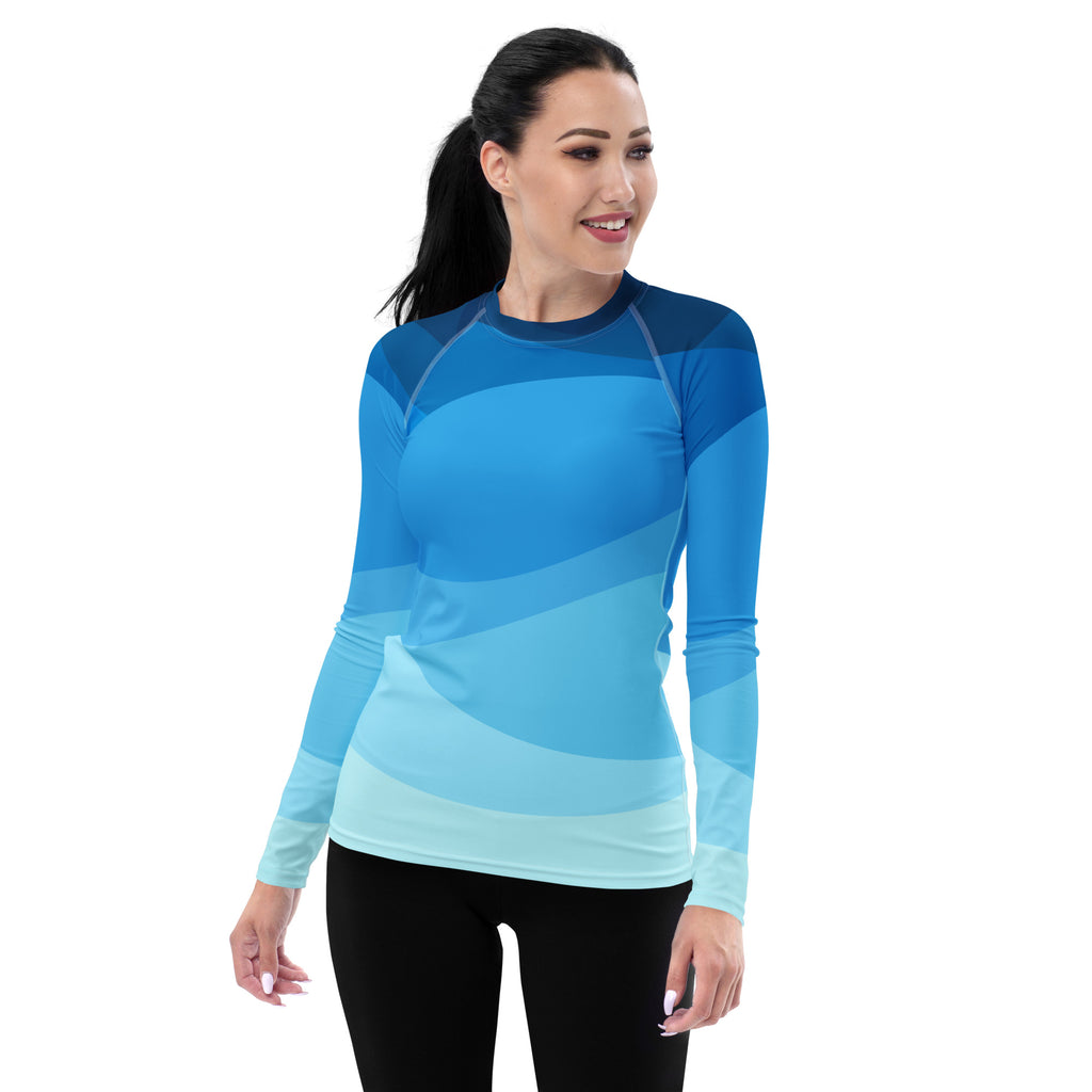 Women's Blue Ocean Waves Long Sleeve Rash Guard Swim Shirt – Buttery Soft, Sun Safe UPF 50+ Protection, Quick Dry & 4-Way Stretch Comfort