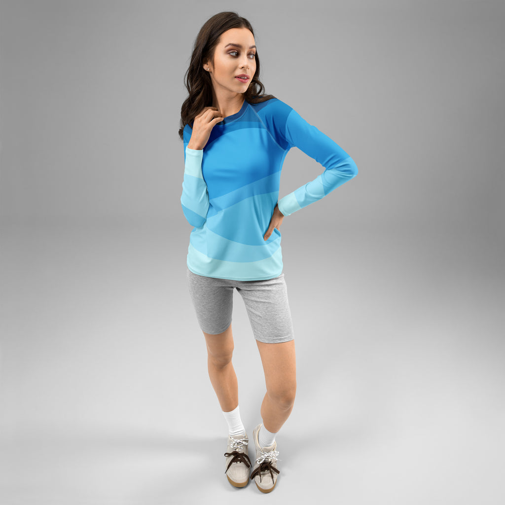 Women's Blue Ocean Waves Long Sleeve Rash Guard Swim Shirt – Buttery Soft, Sun Safe UPF 50+ Protection, Quick Dry & 4-Way Stretch Comfort