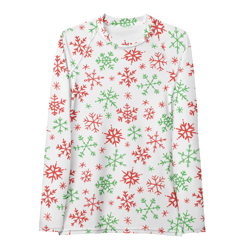 Women's Red & Green Snowflakes Long Sleeve Rash Guard Swim Shirt – Buttery Soft, Sun Safe UPF 50+ Protection, Quick Dry & 4-Way Stretch Comfort