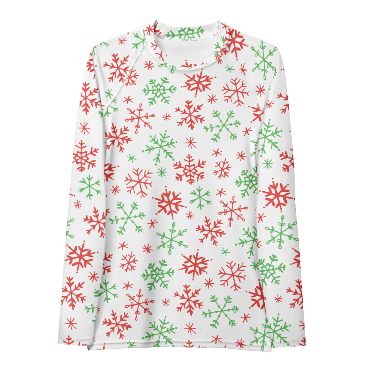 Women's Red & Green Snowflakes Long Sleeve Rash Guard Swim Shirt – Buttery Soft, Sun Safe UPF 50+ Protection, Quick Dry & 4-Way Stretch Comfort