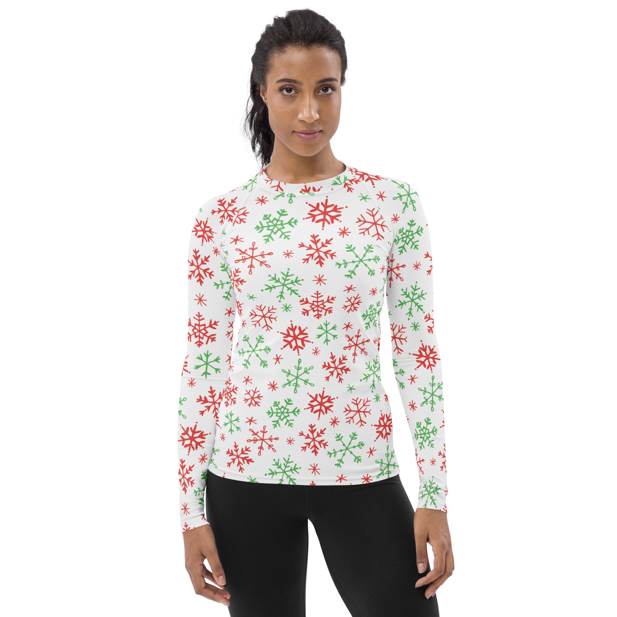 Women's Red & Green Snowflakes Long Sleeve Rash Guard Swim Shirt – Buttery Soft, Sun Safe UPF 50+ Protection, Quick Dry & 4-Way Stretch Comfort