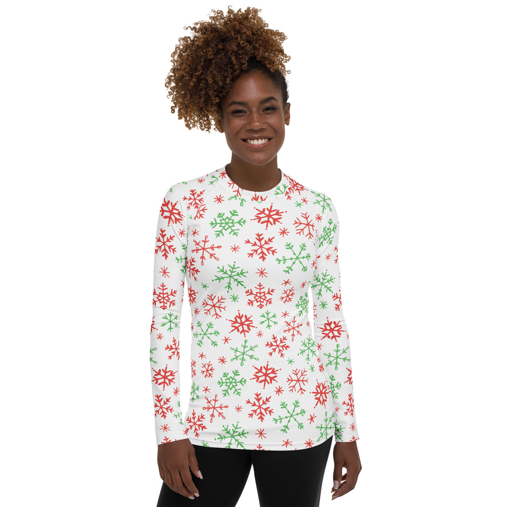 Women's Red & Green Snowflakes Long Sleeve Rash Guard Swim Shirt – Buttery Soft, Sun Safe UPF 50+ Protection, Quick Dry & 4-Way Stretch Comfort