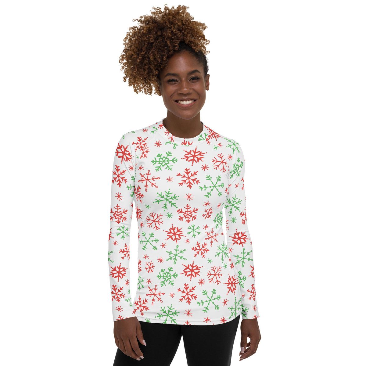 Women's Red & Green Snowflakes Long Sleeve Rash Guard Swim Shirt – Buttery Soft, Sun Safe UPF 50+ Protection, Quick Dry & 4-Way Stretch Comfort