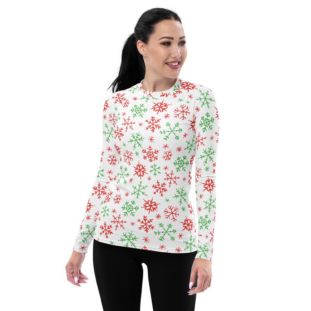 Women's Red & Green Snowflakes Long Sleeve Rash Guard Swim Shirt – Buttery Soft, Sun Safe UPF 50+ Protection, Quick Dry & 4-Way Stretch Comfort
