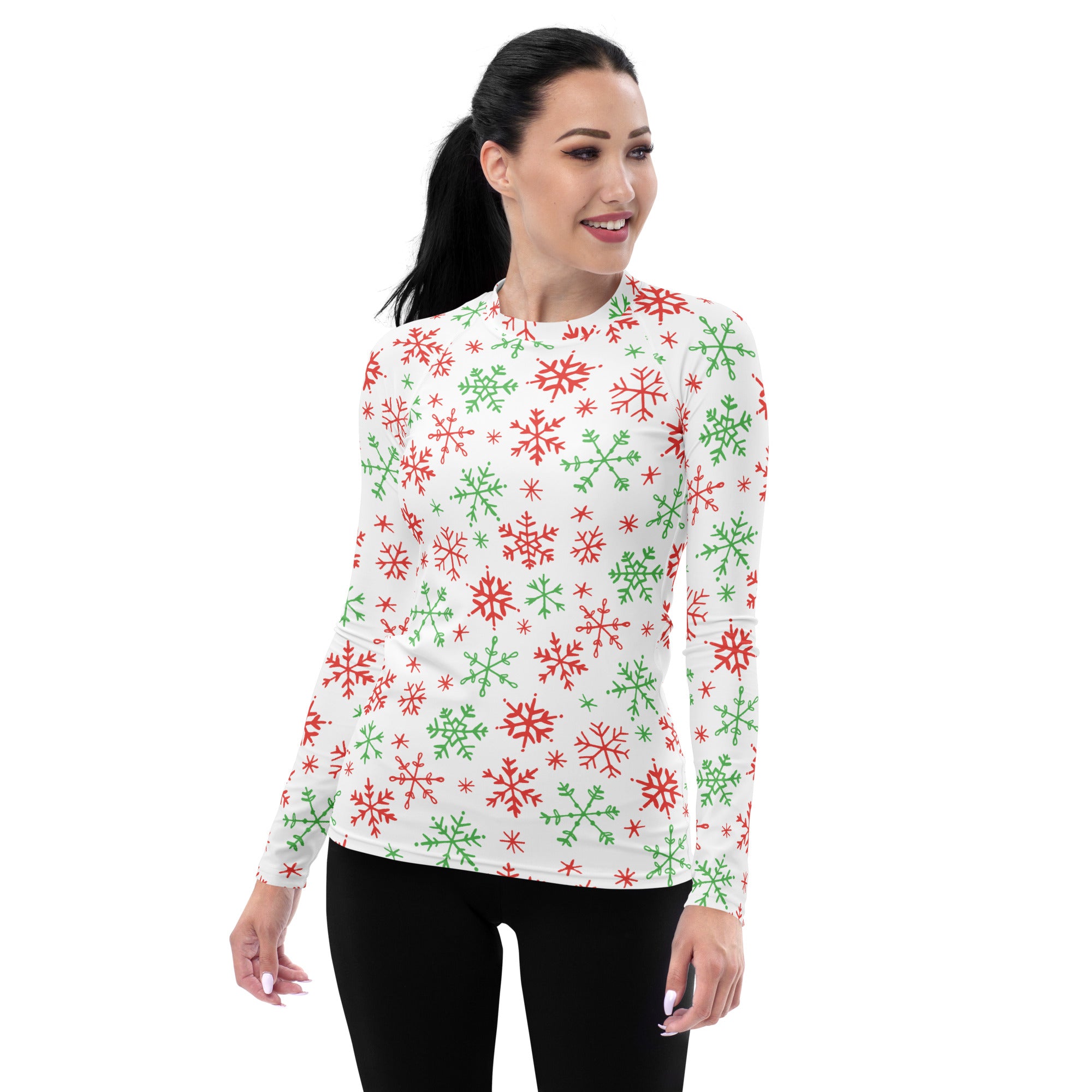 Women's Red & Green Snowflakes Long Sleeve Rash Guard Swim Shirt – Buttery Soft, Sun Safe UPF 50+ Protection, Quick Dry & 4-Way Stretch Comfort