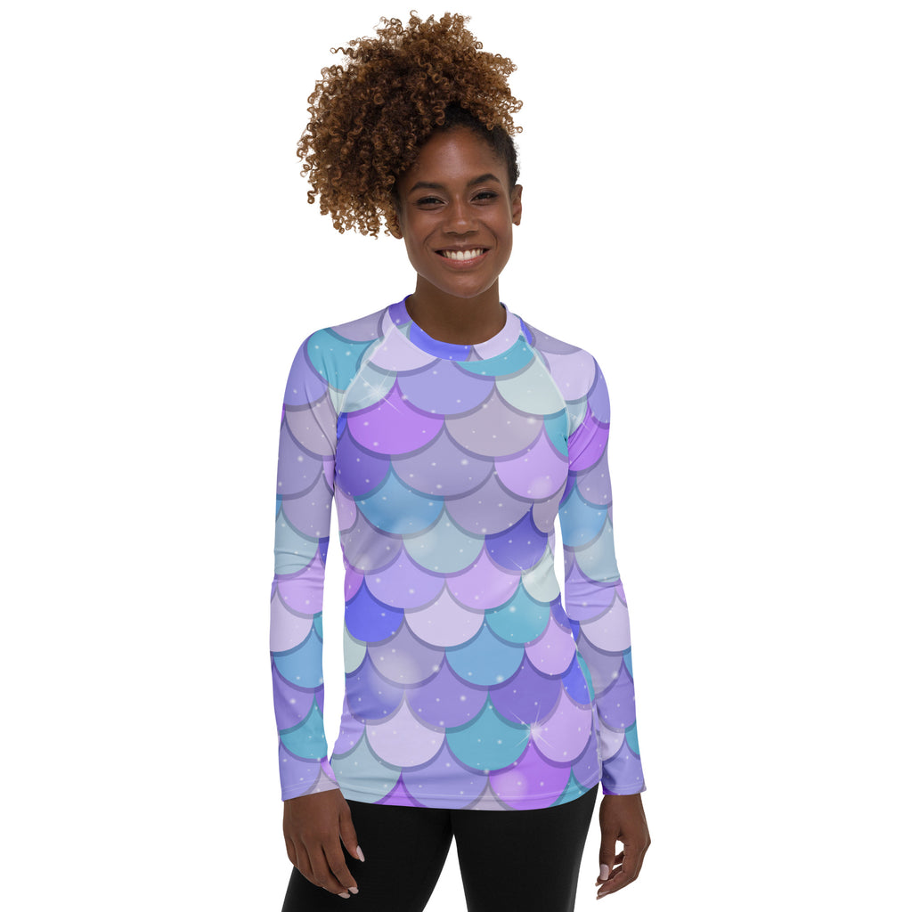 Women's Pastel Mermaid Scales Long Sleeve Rash Guard Swim Shirt – Buttery Soft, Sun Safe UPF 50+ Protection, Quick Dry & 4-Way Stretch Comfort