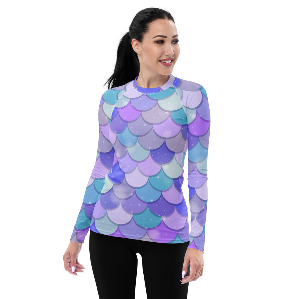 Women's Pastel Mermaid Scales Long Sleeve Rash Guard Swim Shirt – Buttery Soft, Sun Safe UPF 50+ Protection, Quick Dry & 4-Way Stretch Comfort