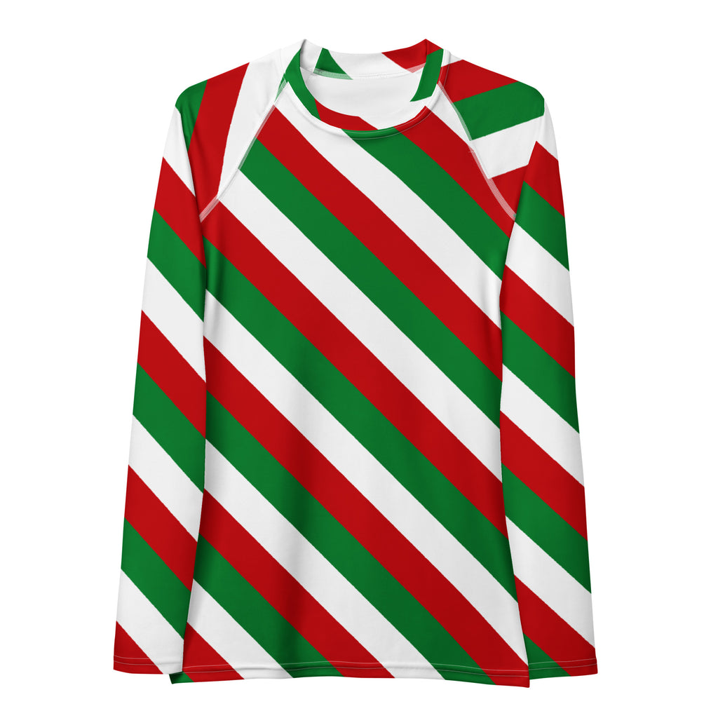 Women's Christmas Candy Cane Stripe Long Sleeve Rash Guard Swim Shirt – Buttery Soft, Sun Safe UPF 50+ Protection, Quick Dry & 4-Way Stretch Comfort