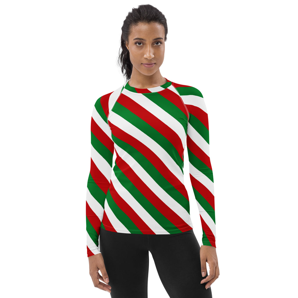 Women's Christmas Candy Cane Stripe Long Sleeve Rash Guard Swim Shirt – Buttery Soft, Sun Safe UPF 50+ Protection, Quick Dry & 4-Way Stretch Comfort