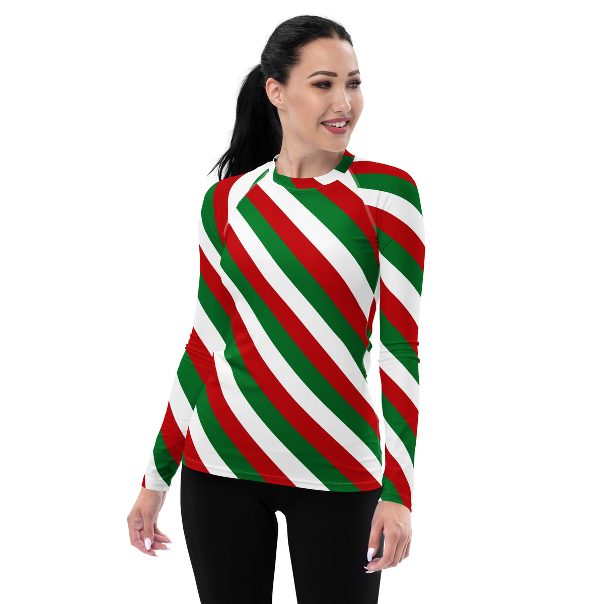 Women's Christmas Candy Cane Stripe Long Sleeve Rash Guard Swim Shirt – Buttery Soft, Sun Safe UPF 50+ Protection, Quick Dry & 4-Way Stretch Comfort
