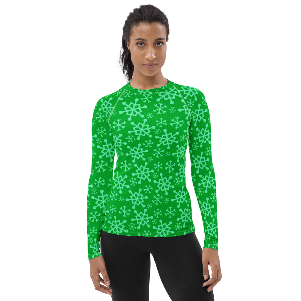Women's Green Christmas Snowflake Long Sleeve Rash Guard Swim Shirt – Buttery Soft, Sun Safe UPF 50+ Protection, Quick Dry & 4-Way Stretch Comfort