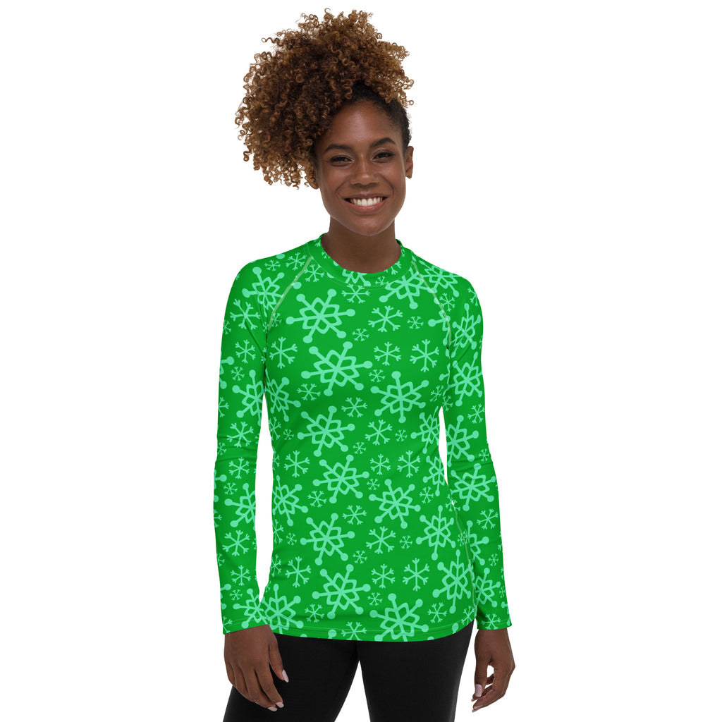 Women's Green Christmas Snowflake Long Sleeve Rash Guard Swim Shirt – Buttery Soft, Sun Safe UPF 50+ Protection, Quick Dry & 4-Way Stretch Comfort