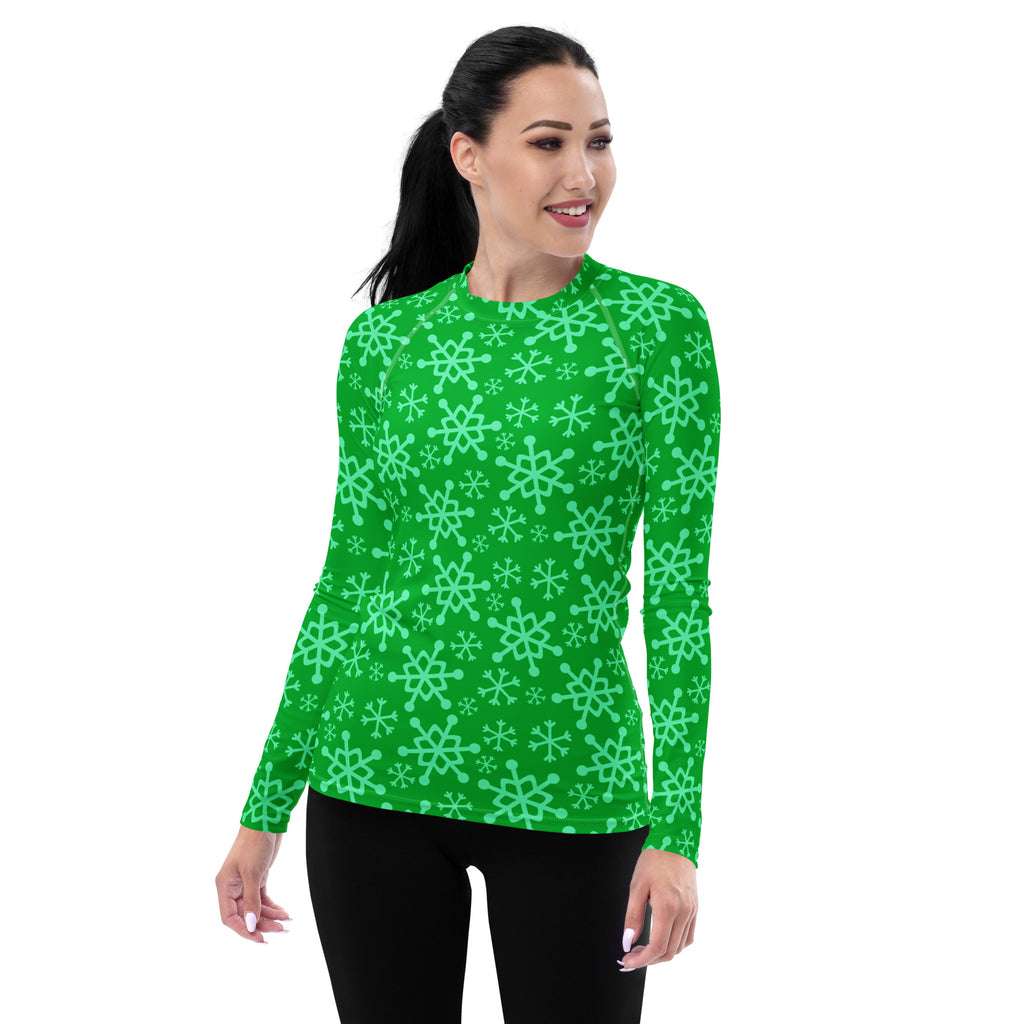 Women's Green Christmas Snowflake Long Sleeve Rash Guard Swim Shirt – Buttery Soft, Sun Safe UPF 50+ Protection, Quick Dry & 4-Way Stretch Comfort