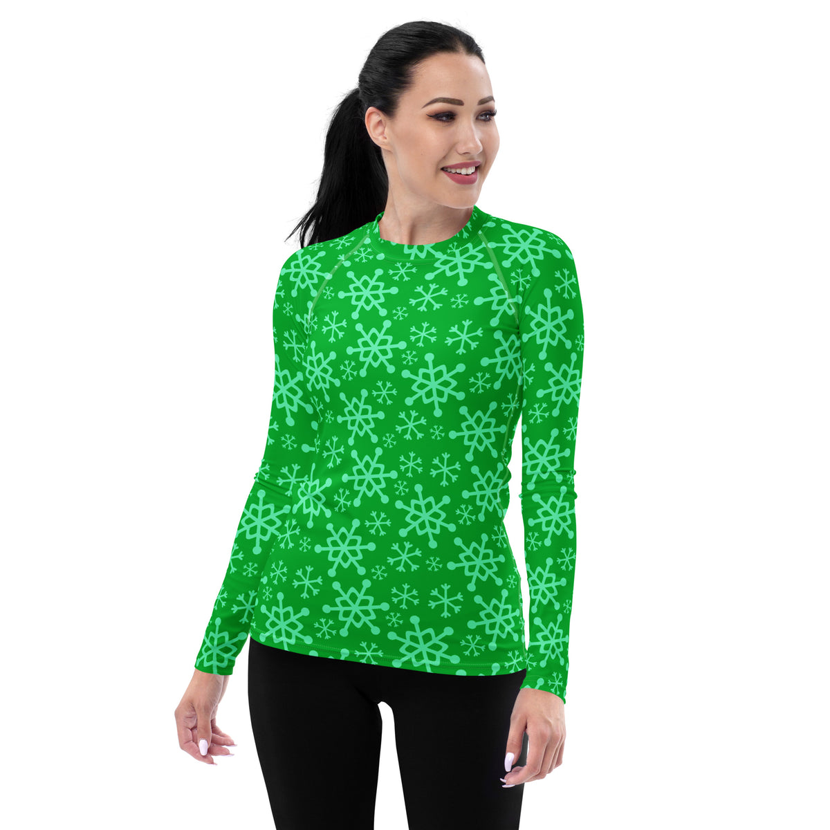 Women's Green Christmas Snowflake Long Sleeve Rash Guard Swim Shirt – Buttery Soft, Sun Safe UPF 50+ Protection, Quick Dry & 4-Way Stretch Comfort