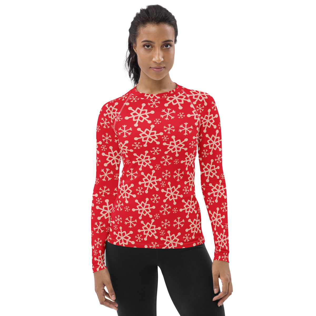 Women's Red Christmas Snowflake Long Sleeve Rash Guard Swim Shirt – Buttery Soft, Sun Safe UPF 50+ Protection, Quick Dry & 4-Way Stretch Comfort