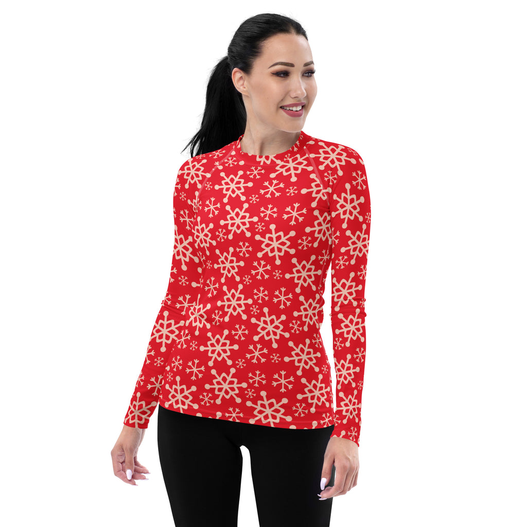 Women's Red Christmas Snowflake Long Sleeve Rash Guard Swim Shirt – Buttery Soft, Sun Safe UPF 50+ Protection, Quick Dry & 4-Way Stretch Comfort