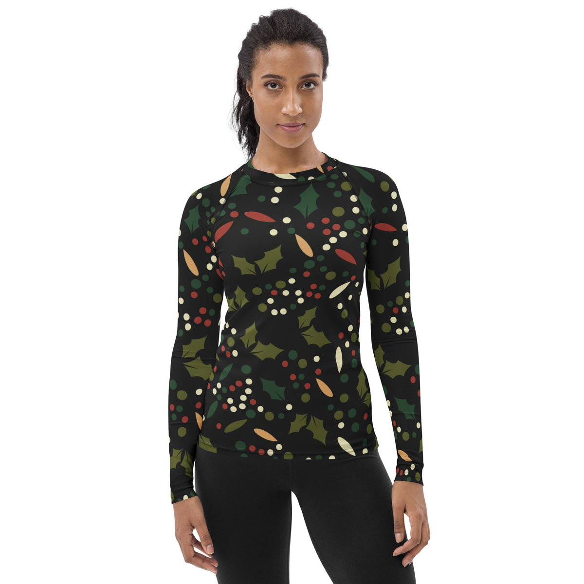 Women's Christmas Holly Berry Long Sleeve Rash Guard Swim Shirt – Buttery Soft, Sun Safe UPF 50+ Protection, Quick Dry & 4-Way Stretch Comfort