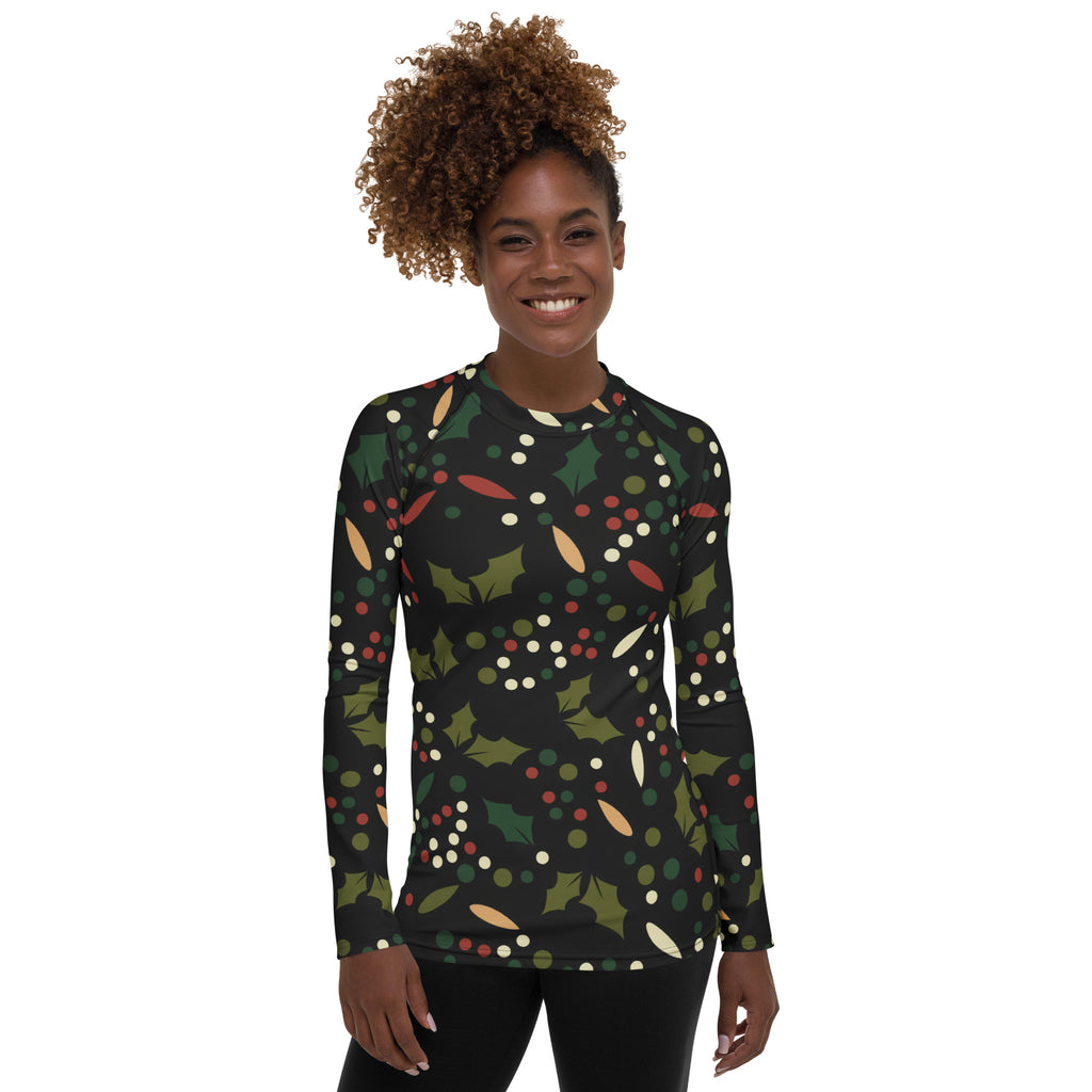 Women's Christmas Holly Berry Long Sleeve Rash Guard Swim Shirt – Buttery Soft, Sun Safe UPF 50+ Protection, Quick Dry & 4-Way Stretch Comfort