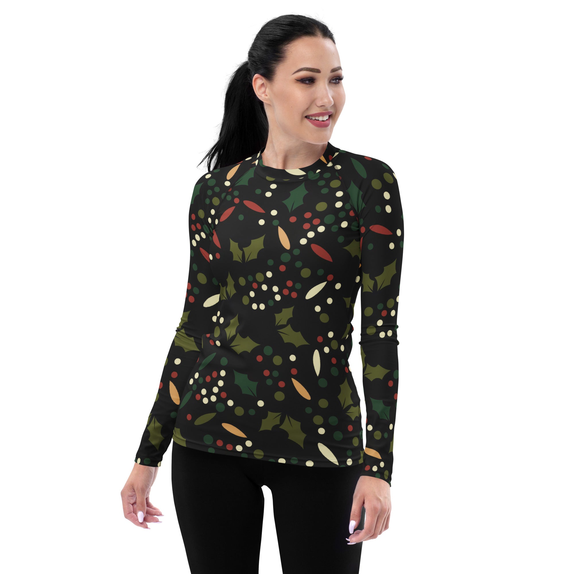Women's Christmas Holly Berry Long Sleeve Rash Guard Swim Shirt – Buttery Soft, Sun Safe UPF 50+ Protection, Quick Dry & 4-Way Stretch Comfort