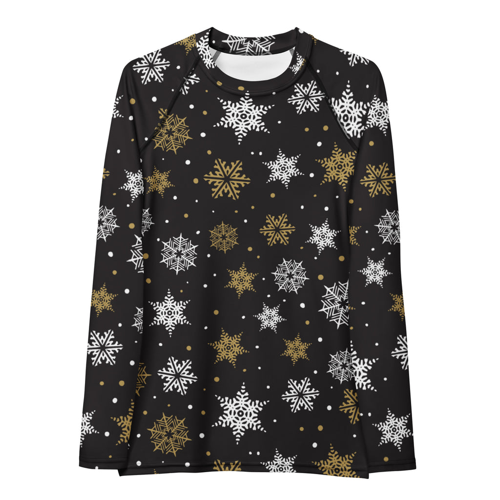 Women's Black & Gold Snowflake Long Sleeve Rash Guard Swim Shirt – Buttery Soft, Sun Safe UPF 50+ Protection, Quick Dry & 4-Way Stretch Comfort