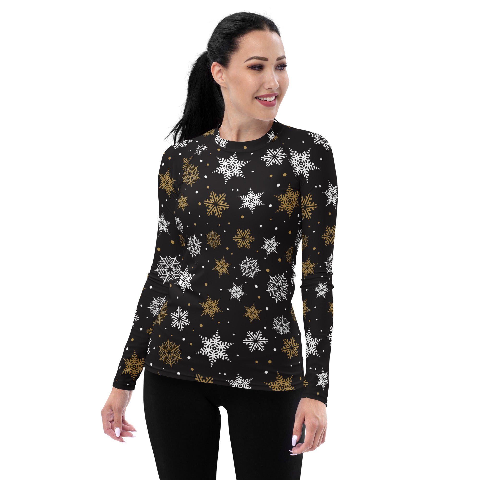 Women's Black & Gold Snowflake Long Sleeve Rash Guard Swim Shirt – Buttery Soft, Sun Safe UPF 50+ Protection, Quick Dry & 4-Way Stretch Comfort