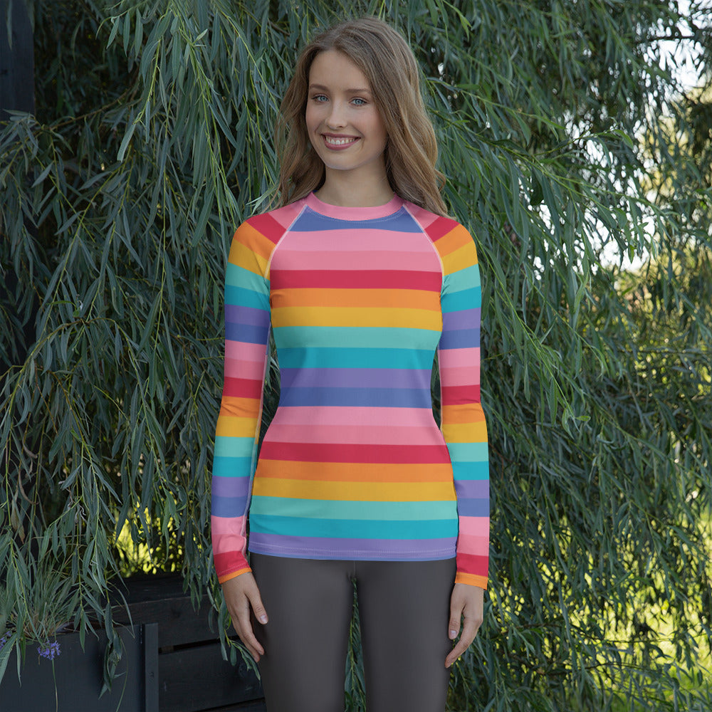 Women's Bright Striped Rainbow Long Sleeve Rash Guard Swim Shirt – Buttery Soft, Sun Safe UPF 50+ Protection, Quick Dry & 4-Way Stretch Comfort