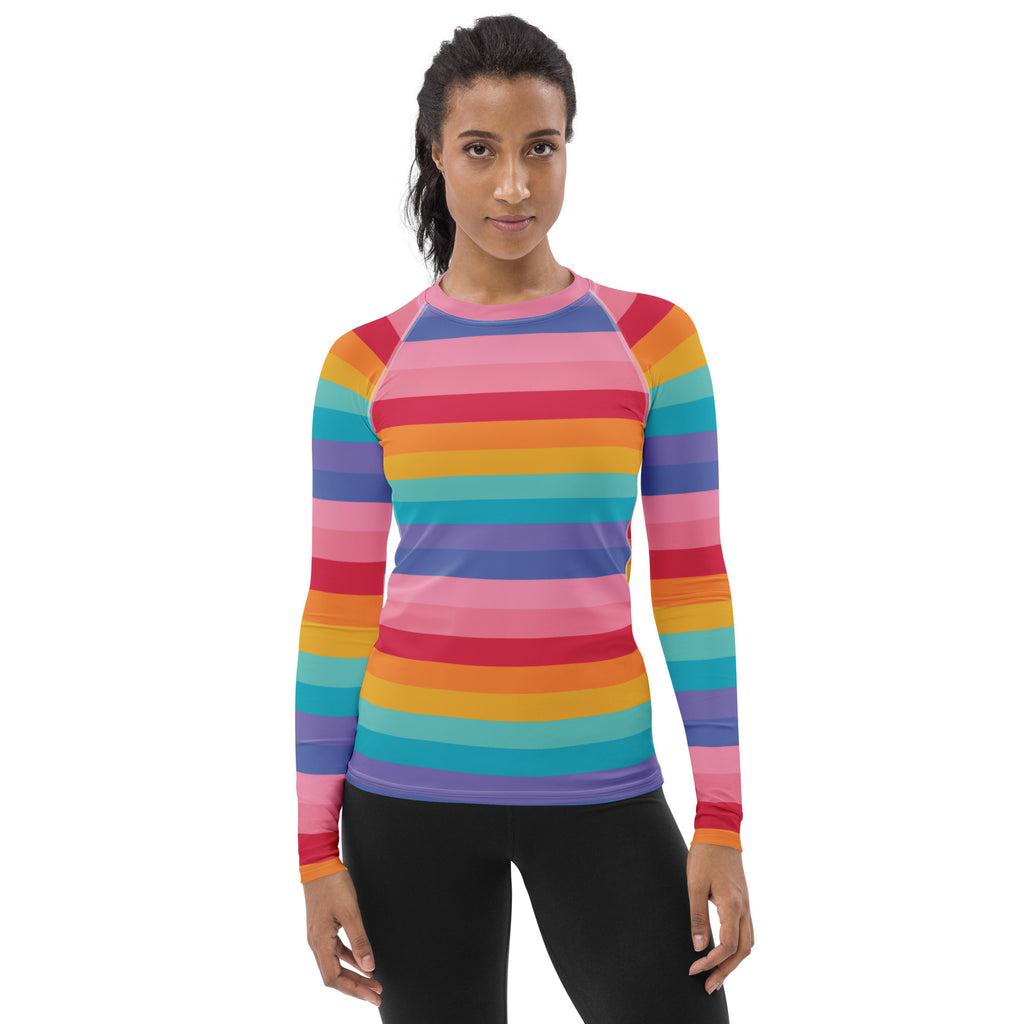 Women's Bright Striped Rainbow Long Sleeve Rash Guard Swim Shirt – Buttery Soft, Sun Safe UPF 50+ Protection, Quick Dry & 4-Way Stretch Comfort