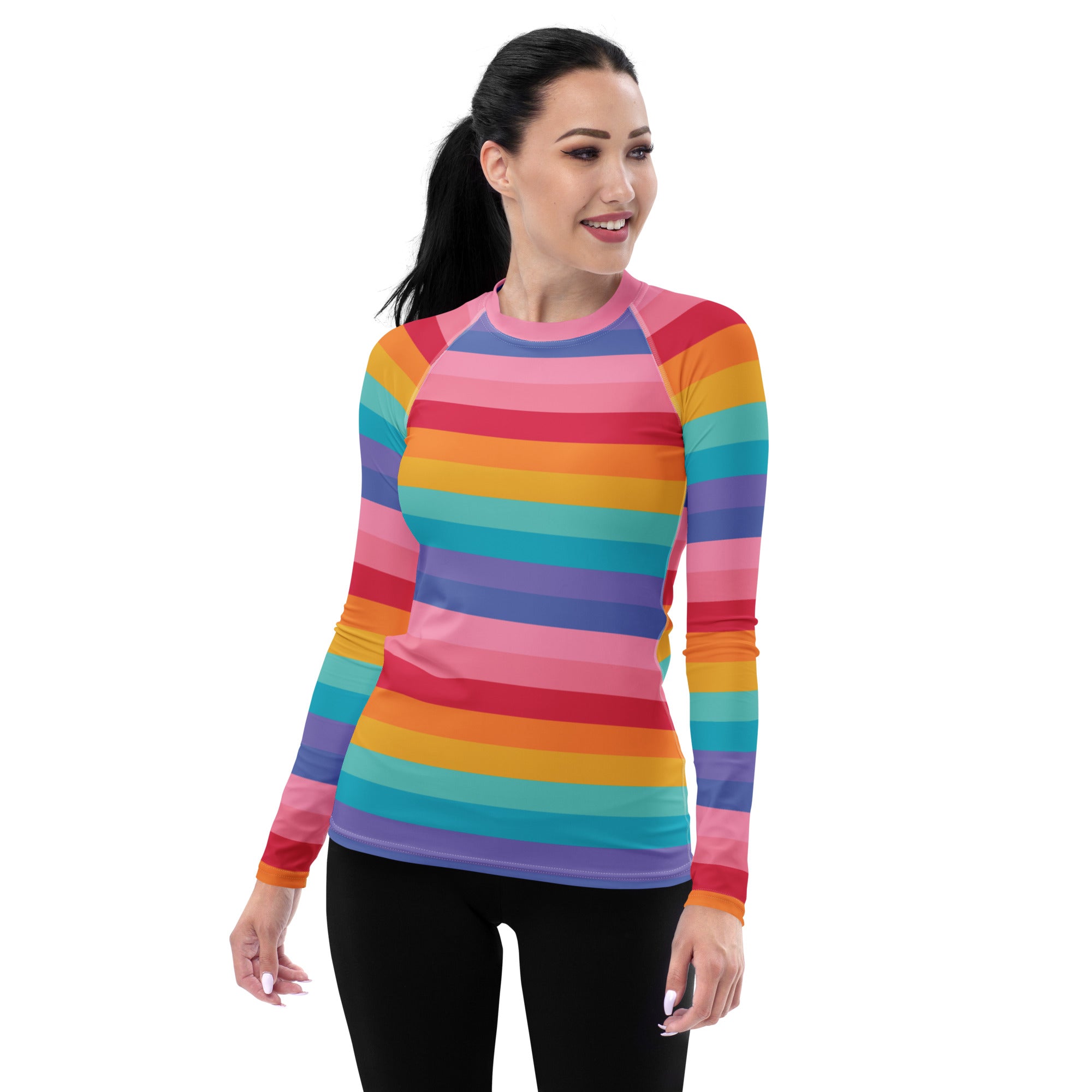 Women's Bright Striped Rainbow Long Sleeve Rash Guard Swim Shirt – Buttery Soft, Sun Safe UPF 50+ Protection, Quick Dry & 4-Way Stretch Comfort