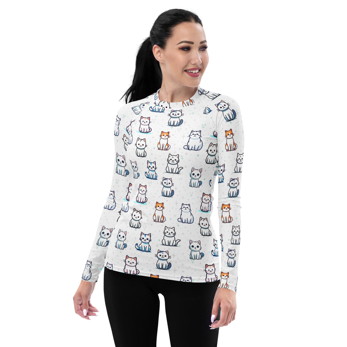 Women's Cute Cat Long Sleeve Rash Guard Swim Shirt – Buttery Soft, Sun Safe UPF 50+ Protection, Quick Dry & 4-Way Stretch Comfort