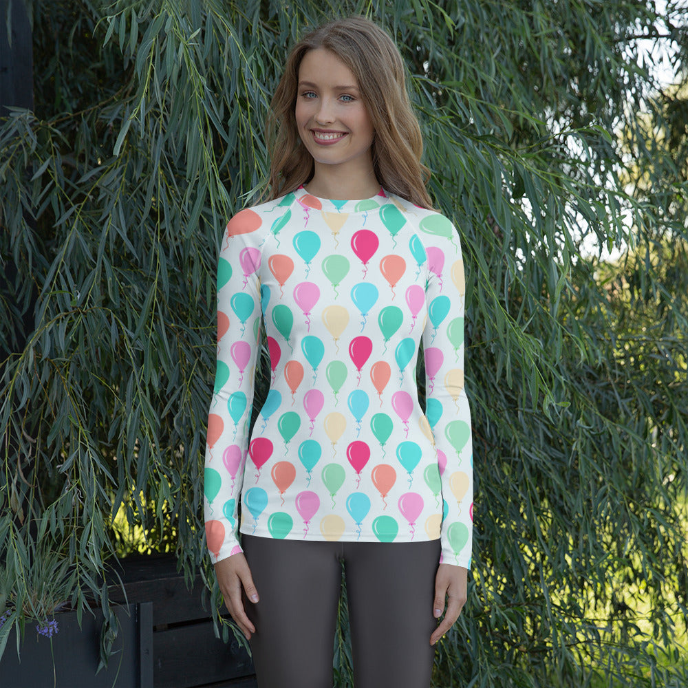 Women's Rainbow Birthday Balloons Long Sleeve Rash Guard Swim Shirt – Buttery Soft, Sun Safe UPF 50+ Protection, Quick Dry & 4-Way Stretch Comfort