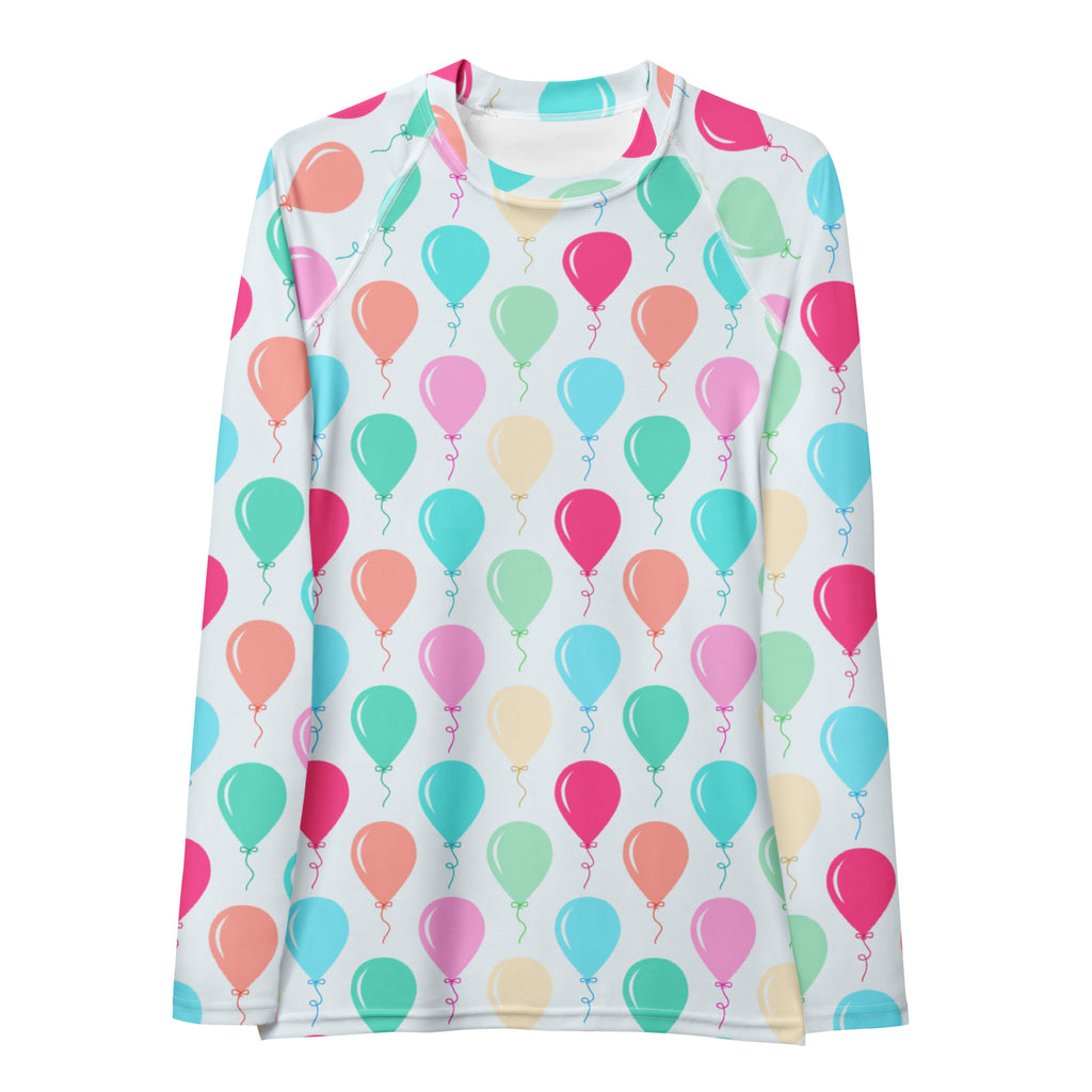 Women's Rainbow Birthday Balloons Long Sleeve Rash Guard Swim Shirt – Buttery Soft, Sun Safe UPF 50+ Protection, Quick Dry & 4-Way Stretch Comfort