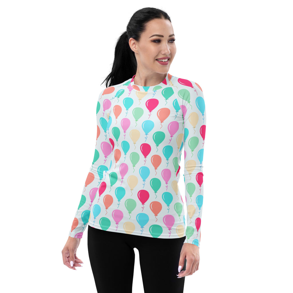 Women's Rainbow Birthday Balloons Long Sleeve Rash Guard Swim Shirt – Buttery Soft, Sun Safe UPF 50+ Protection, Quick Dry & 4-Way Stretch Comfort