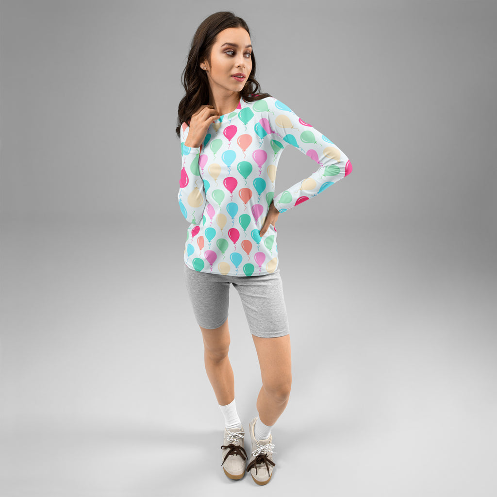 Women's Rainbow Birthday Balloons Long Sleeve Rash Guard Swim Shirt – Buttery Soft, Sun Safe UPF 50+ Protection, Quick Dry & 4-Way Stretch Comfort